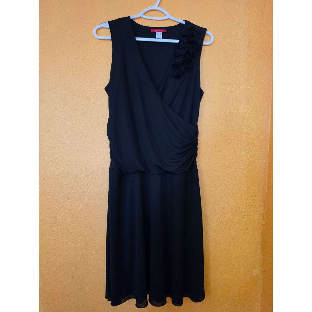 Anne Klein PM black mesh dress with rose embellishments and gathered waist